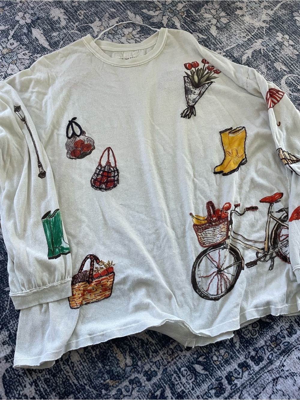 Woman’s Free People Market Days Cream Long-Sleeve Top- Bicycle, Umbrella, Flower
